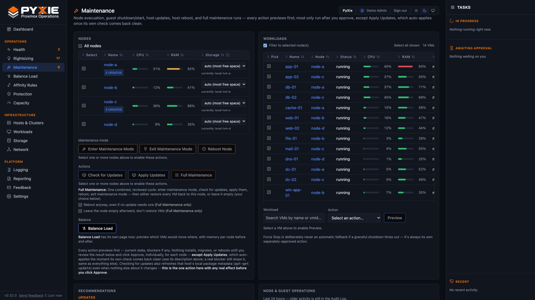 PyXie Maintenance: node maintenance mode, updates, reboots and full maintenance runs